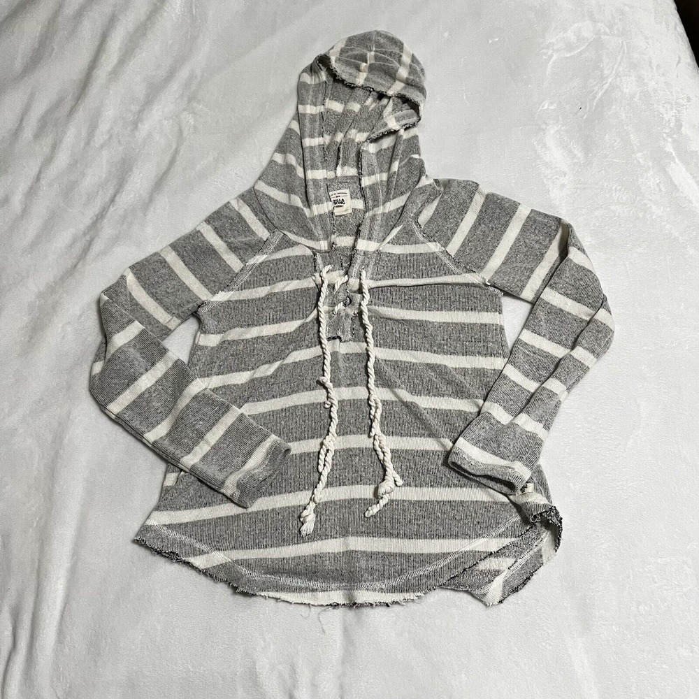 Billabong Women's Striped Hoodie‎ Sweater Size Medium Grey & White
